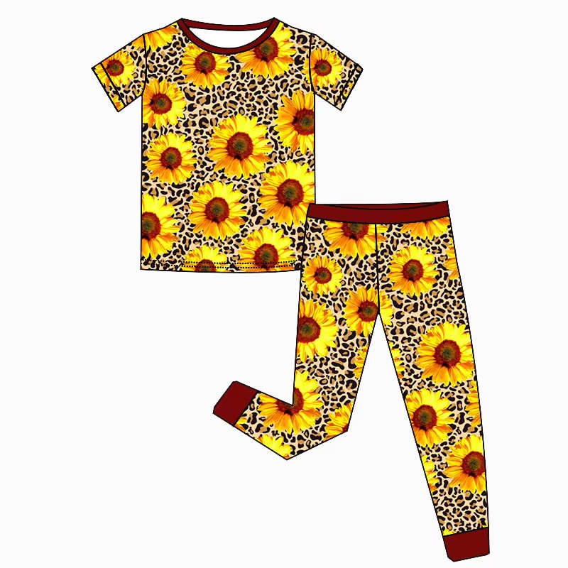 Baby Girls Sunflowers Leopard Top Pants Bamboo Pajamas Clothes Sets Preorder(moq 5)