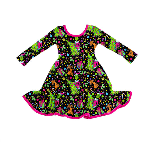 Preorder (moq 5)Baby Girls Christmas Green Face Tree Pink Knee Length Dresses