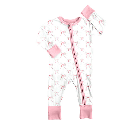 Baby Toddler Girls Pink Bows Zip Long Sleeve Rompers preorder(moq 5)