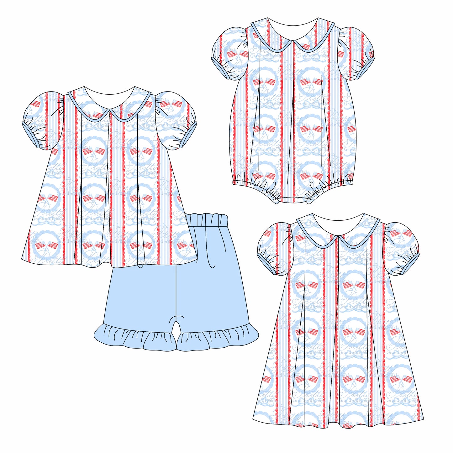 Preorder moq 5 Custom Baby Girls Flags Stripe Tunic Blue Ruffle Short 4th Of July Set Knee Length Dress And Rompers