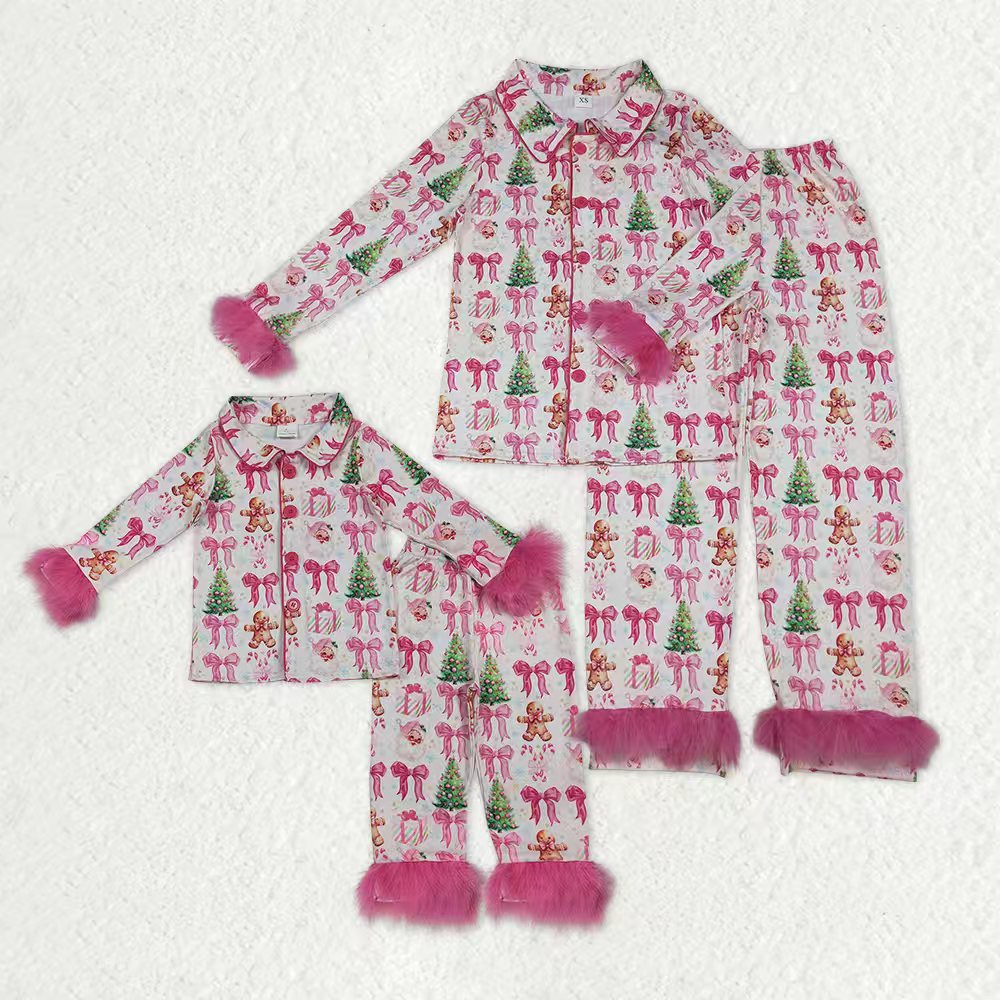 Mama and Me Pink Bows Santa Trees Button Top Pants Christmas Fur Pajamas Sets