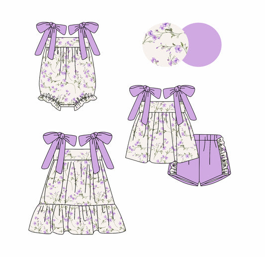 Preorder moq 5 Custom Baby Girls Purple Bows Strap Floral Tunic Ruffle Short Set Knee Length Dress And Rompers