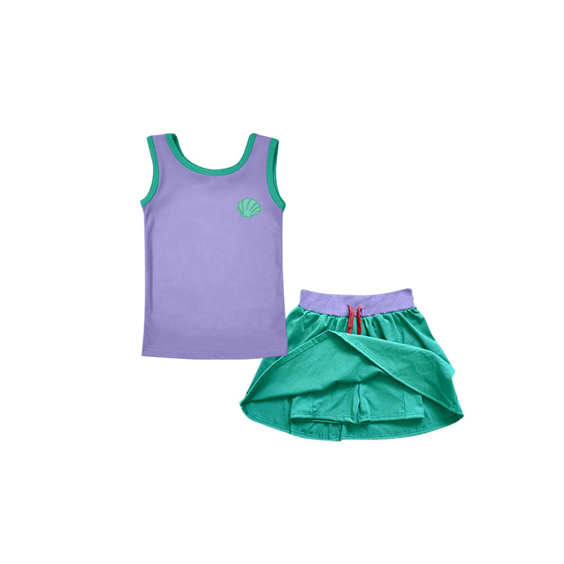 Preorder(moq 5)Baby Girls Mermaid Princess Sleeveless Tee Shirt Skorts Clothes Sets