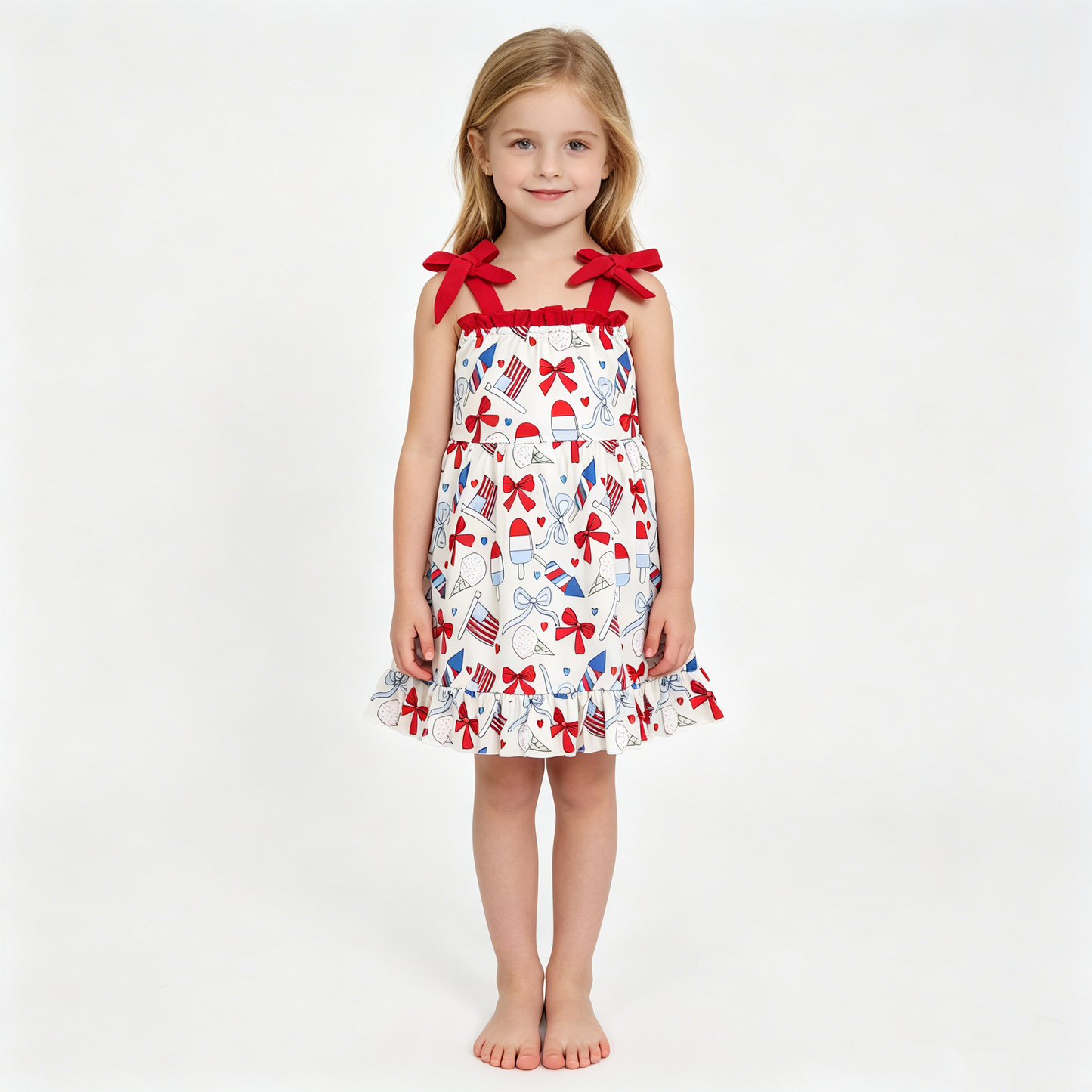 Baby Girls Strap Red Blue Bows Popsicle 4th of July Ruffle Knee Length Dresses