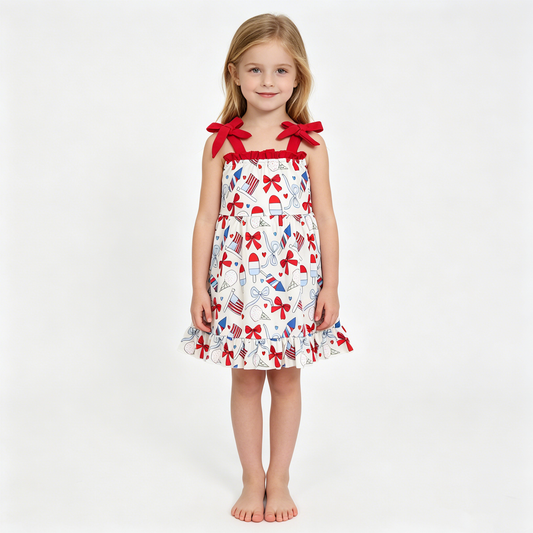 Baby Girls Strap Red Blue Bows Popsicle 4th of July Ruffle Knee Length Dresses
