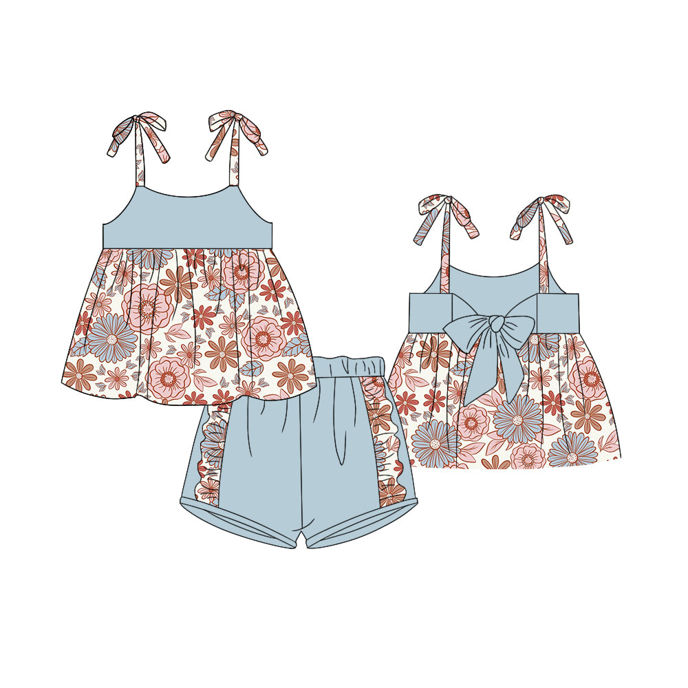 Baby Girls Pink Blue Flowers Straps Tunic Ruffle Shorts Clothes Sets preorder (moq 5)