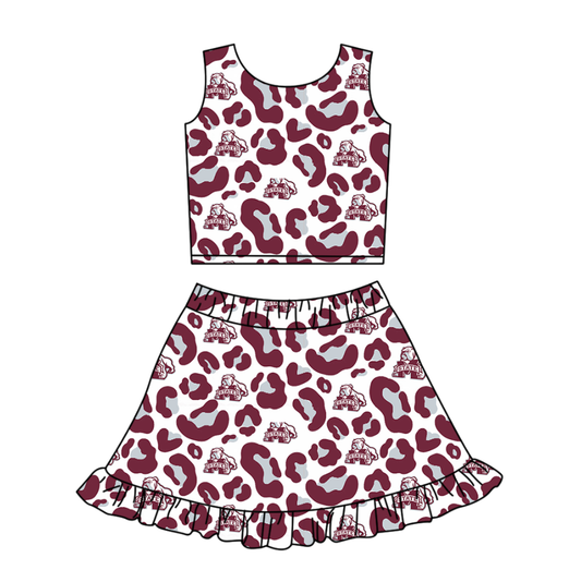 Preorder (moq 5)Baby Girls Red Leopard M State Vests Ruffle Skirt Shorts Team Clothes Set