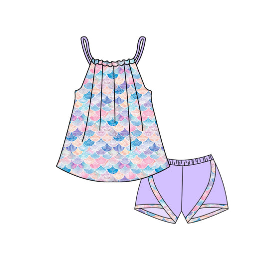 Preorder moq 5 Baby Girls Lavender Strap Mermaid Shell Tunic Ruffle Shorts Set