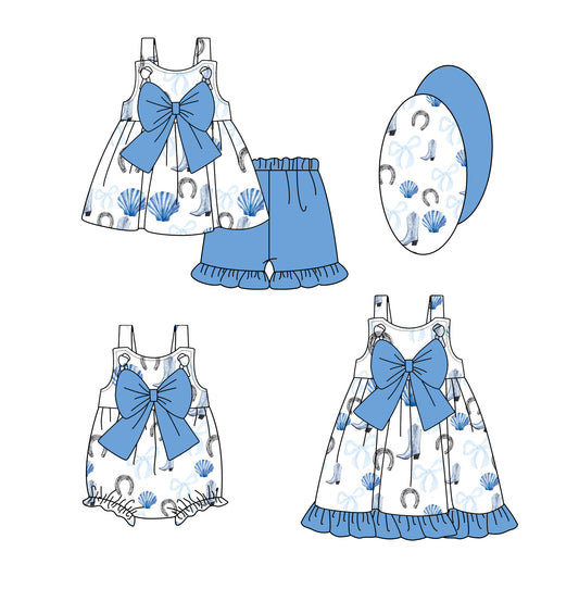 Preorder moq 5 Custom Baby Girls Strap Blue Shell Boots Bow Top Tunic Ruffle Short Set Knee Length Dress And Rompers
