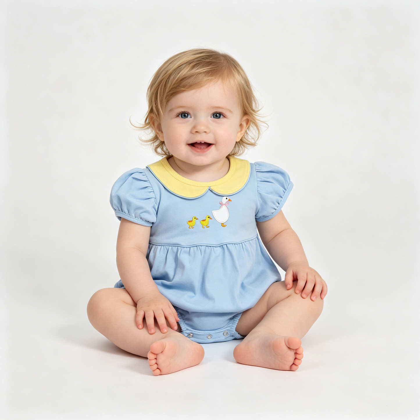 Embroidery Ducks Goose Baby Girls Short Sleeve Collar Ruffle Rompers