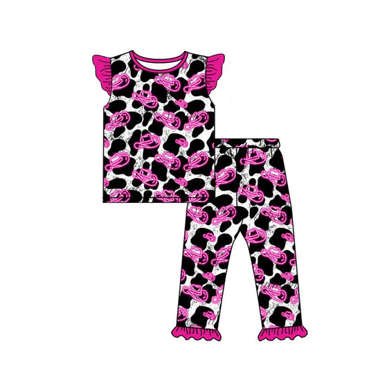 Baby Girls Western Cow Hats Top Pants Pajamas Kids Clothing Sets preorder(MOQ 5)