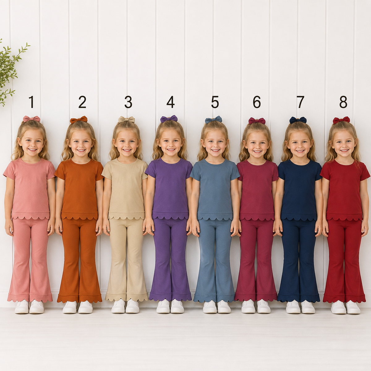 Sibling Baby Girls Short Sleeve Colorful Top Bell Bottom Pant Scallop Clothes Sets