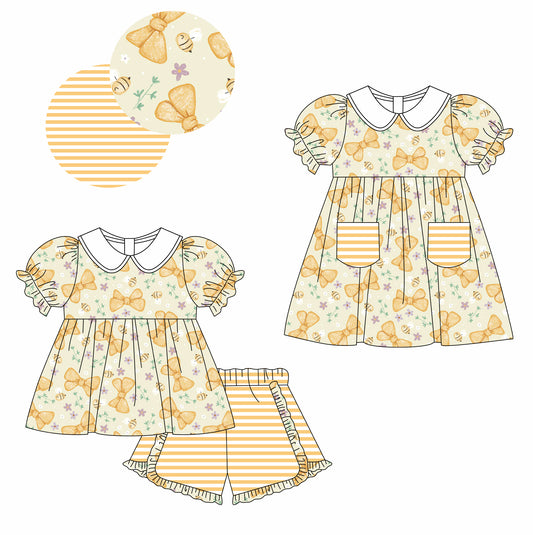 Preorder(moq 5 each) Baby Girls Honey Bee Bows Dress Shorts Sets