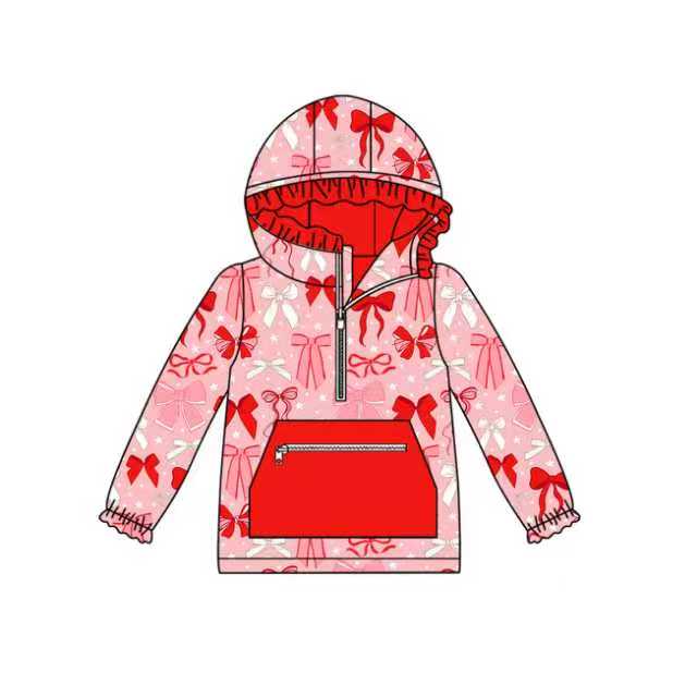 Preorder (moq 5)Baby Girls Red Bows Zipper Pocket Ruffle Hooded Tops