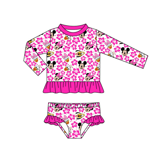 Baby Girls Cartoon Pink Mouse Flowers Long Sleeve Top Bummie 2pcs Swimsuits preorder(moq 5)