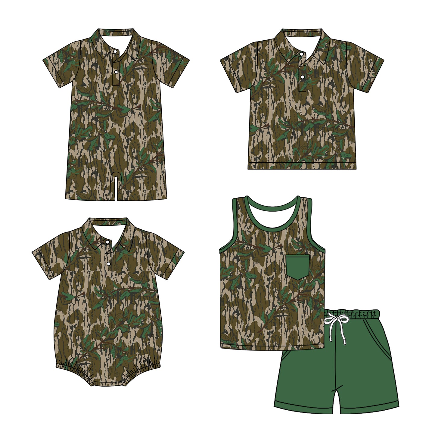 Preorder moq 5 Custom Baby Boys Short Sleeves Button Pocket Olive Camo Top Short Set Polo Shirts And Rompers