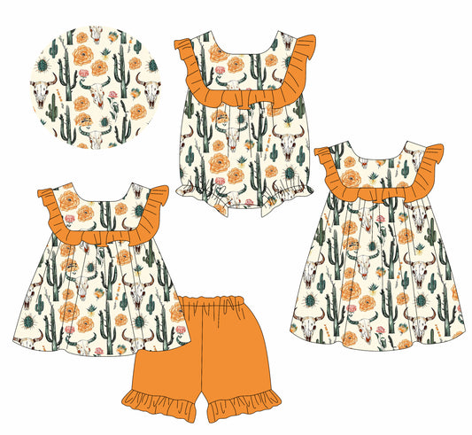 Preorder moq 5 Custom Baby Girls Orange Sleeveless Bull Skull Cactus Tunic Ruffle Short Set Knee Length Dress Rompers