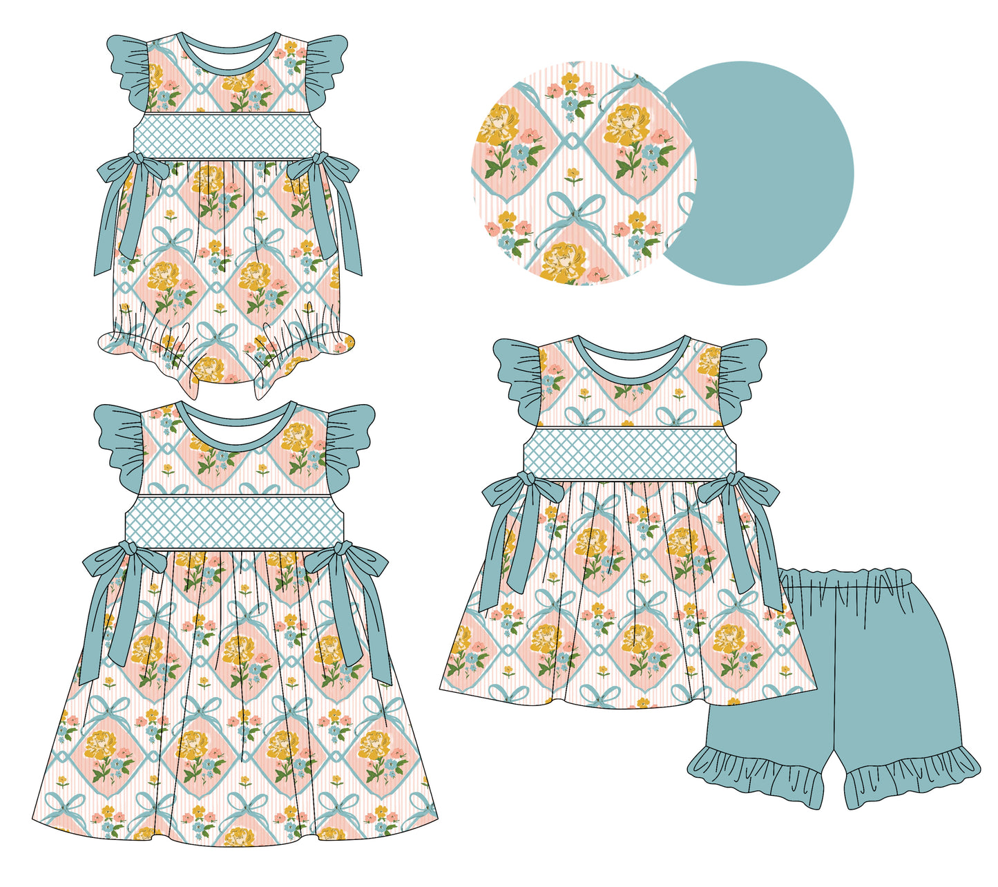 Preorder moq 5 Custom Baby Girls Aqua Bows Floral Plaid Tunic Ruffle Short Set Knee Length Dress And Rompers