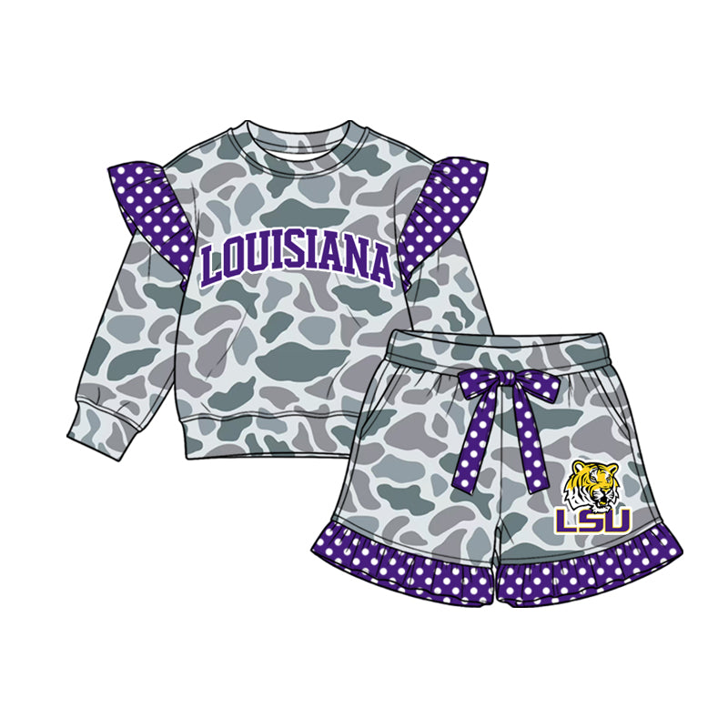 Preorder (moq 5) Baby Girl Clothes Louisiana LSU Tiger Camo Polka Dot Ruffle Print Long Sleeve Top Short Set