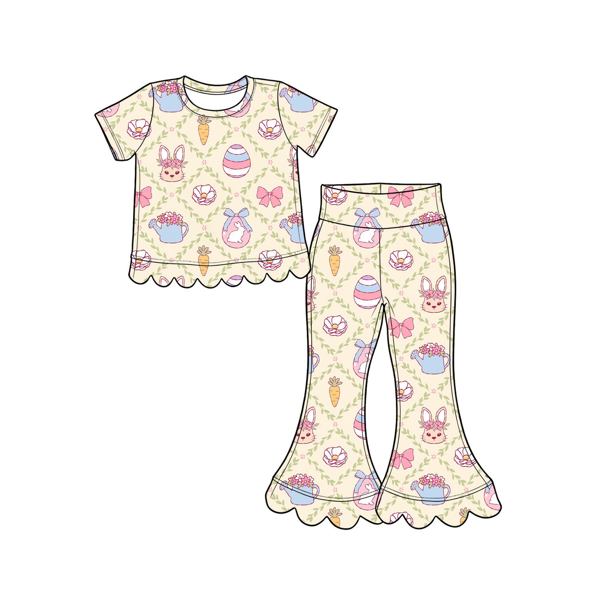 Pre-order(moq5) Baby Girls’ & Girls’ Spring Easter Cute Rabbit & Carrot Print Ruffle Crew Neck Short Sleeve Flare Pants Set