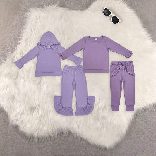 Sibling Baby Girls Lavender Pocket Hooded Top Ruffle Pants Clothes Sets