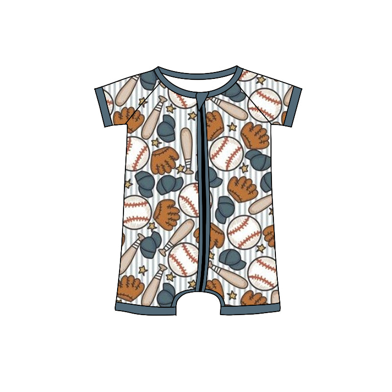 Preorder (moq 5) Baby Boy Clothes Stripe Background Baseball Glove Bat Star Mixed Print Short Sleeve Zipper Baby Romper