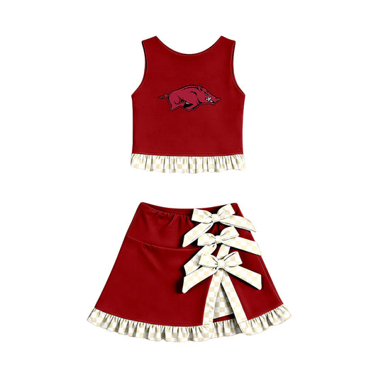 Preorder (custom moq 5)Baby Girls Arkansas Vest Bows Ruffle Skirt Short Team Clothes Sets