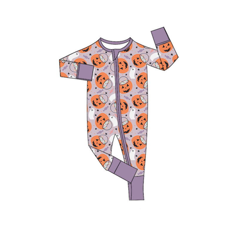 Preorder moq 5 Baby Infant Boys Long Sleeves Ghost Pumpkins Stars Plaid Zipper Romper