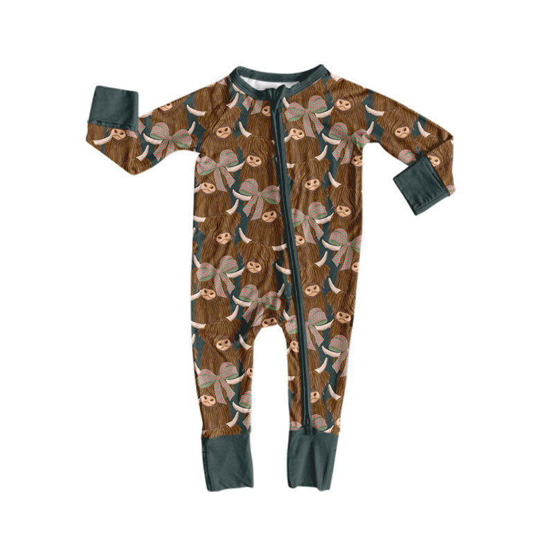 Preorder (moq 5)Baby Girls Bows Highland Cows Western Two Way Zip Convertible Rompers