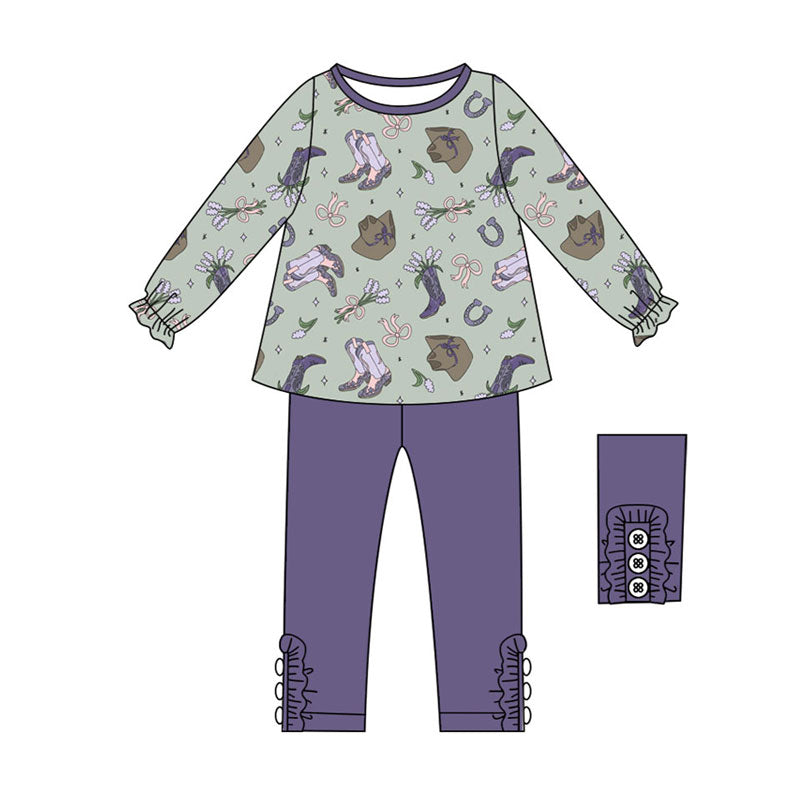 Preorder (moq 5)Baby Girls Purple Boots Hats Flowers Tunic Leggings Pant Clothes Sets
