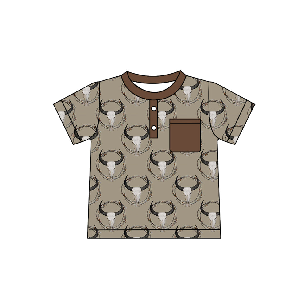Preorder(moq 5) Baby Boys Bull Skulls Plaid Button Pocket Western Polo Shirts Top