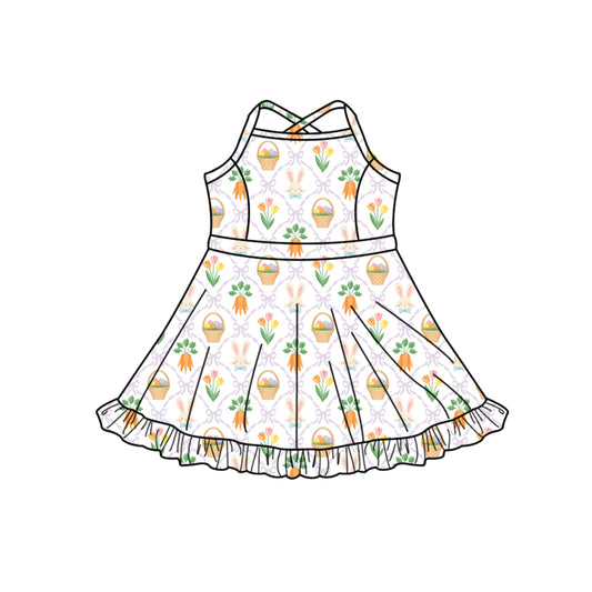 Preorder (moq 5)Baby Girls Strap Rabbits Carrots Checked Easter Ruffle Knee Length Dresses