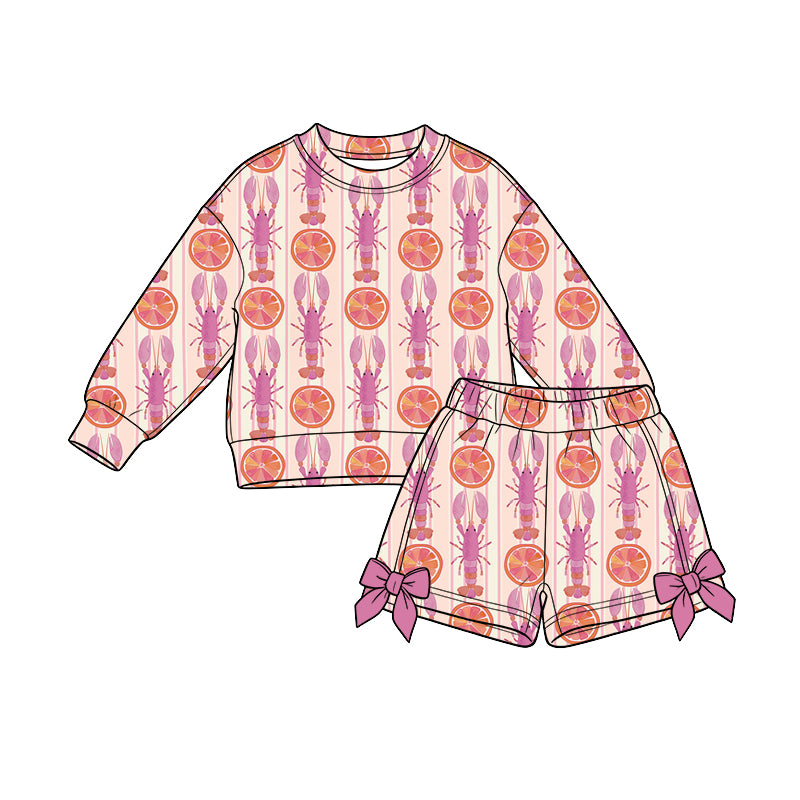 Preorder (moq 5) Baby Girl Clothes Lobster Orange Slice Mixed Print Long Sleeve Sweatshirt Bow Short Set