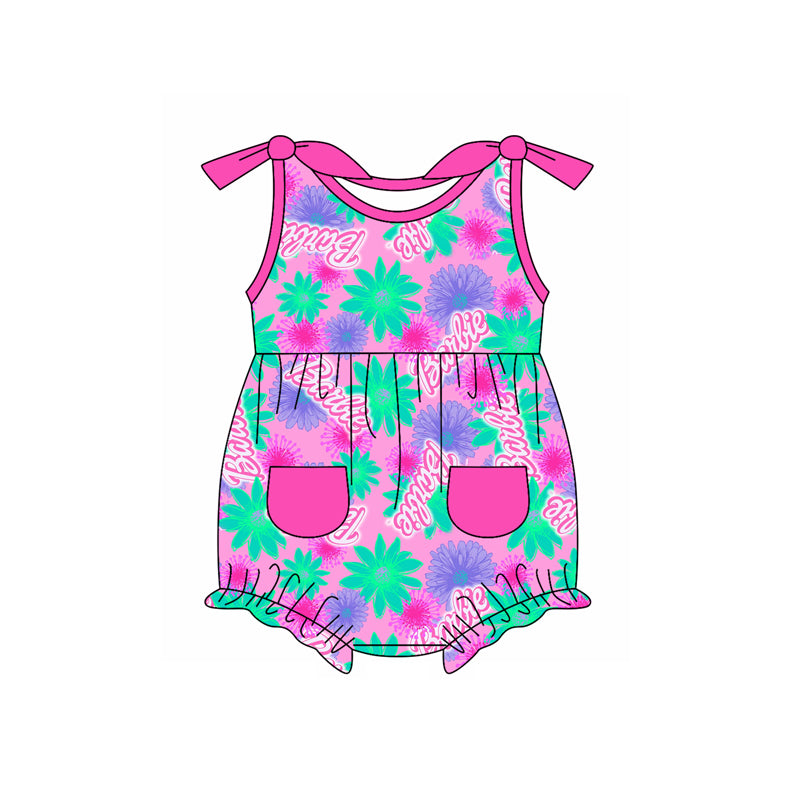 Preorder(moq 5)Baby Infant Girls Pink Green Flowers Pockets Rompers