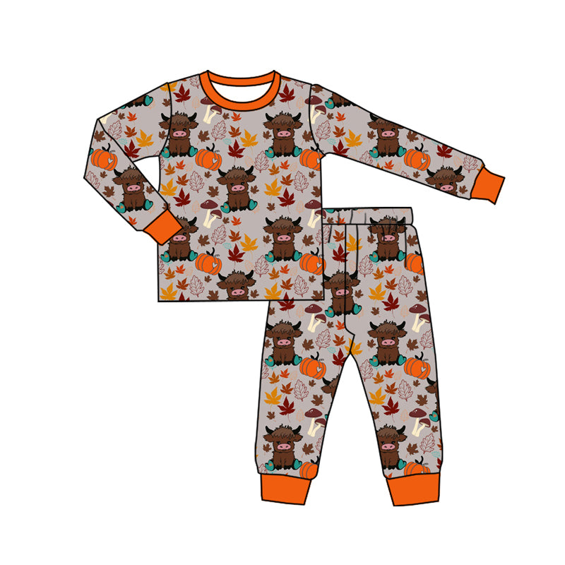 Preorder (moq 5)Baby Boys Long Sleeves Highland Cows Pumpkins Plaid Top Pants Pajamas Set