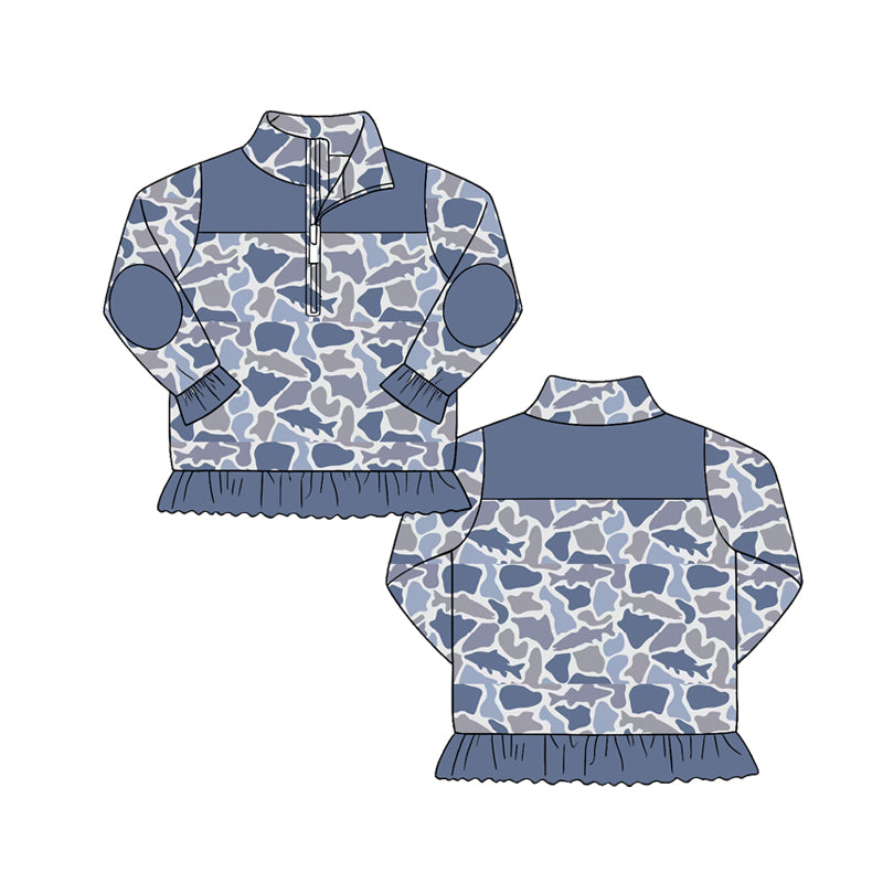 Preorder（moq 5）Girls’ Fall Thanksgiving Gray Camo Half-Zip Top with Ruffle Hem Jacket