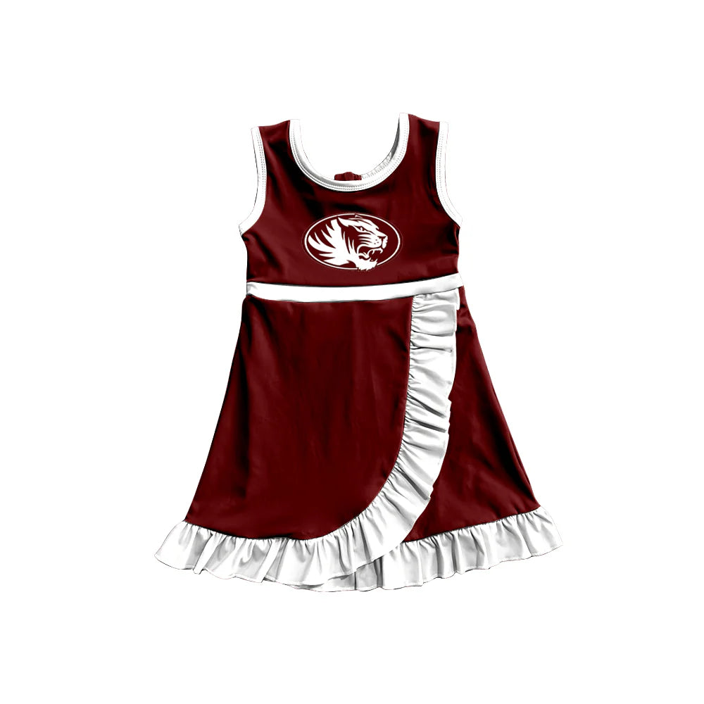 Preorder (moq 5)Baby Girls Maroon Sleeveless Silsbee Tigers Short Team Ruffle Knee length Dresses