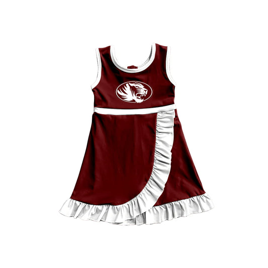 Preorder (moq 5)Baby Girls Maroon Sleeveless Silsbee Tigers Short Team Ruffle Knee Length Dresses
