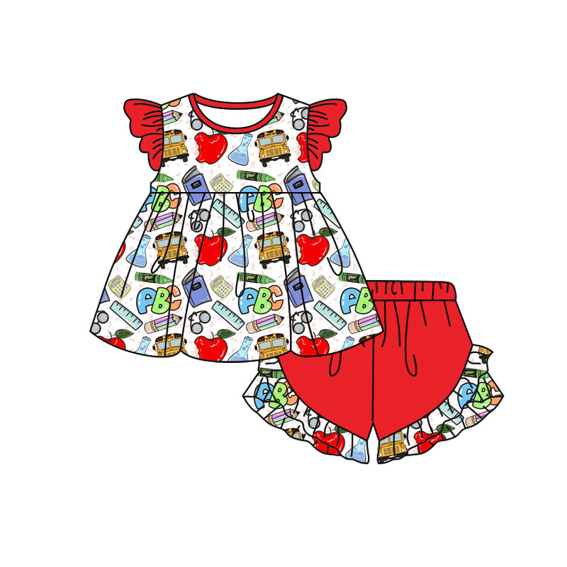 Preorder moq 5 Baby Girls Red Flutter Sleeves Apples ABC Tunic Ruffle Short Back School Set