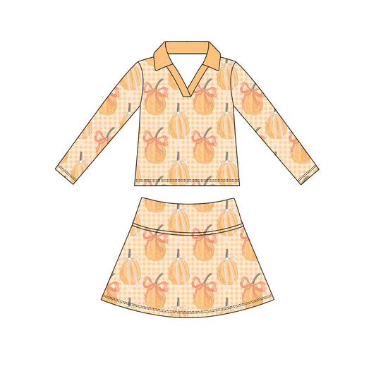 Preorder (moq 5)Baby Girls Pumpkins Bows Checked Top Skirt Shorts Fall Clothes Sets