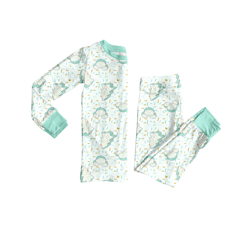 Preorder (moq 20)Baby Boys Bamboo Aqua Sprinkles Cartoon Mouse Trees Christmas Pajamas Sets