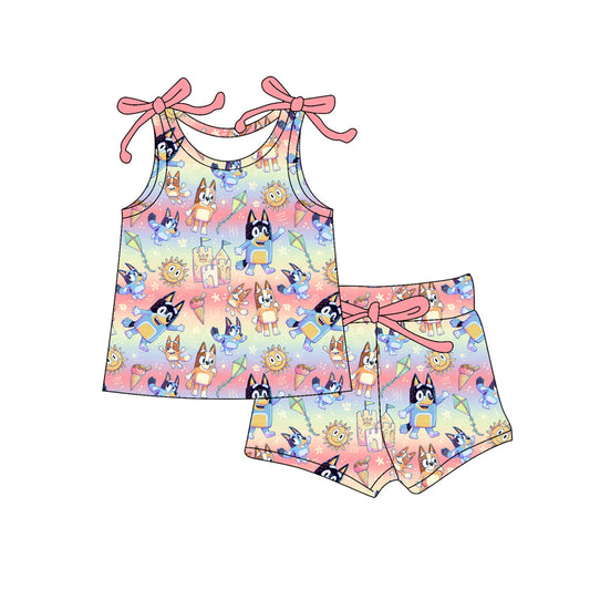 Preorder moq 5 Baby Girls Bows Sleeveless Cartoon Dogs Suns Top Short Set