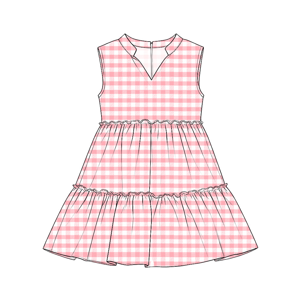 Preorder (moq 5) Girls’ Sleeveless Tiered Dresses, Pink & White Plaid Collared V-Neck Ruffle Dress