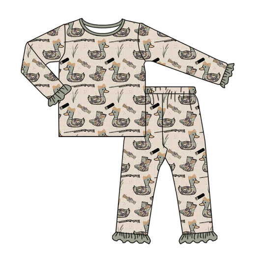Preorder (moq 5)Baby Girls Camo Bows Ducks Calls Top Ruffle Pants Hunting Pajamas Sets