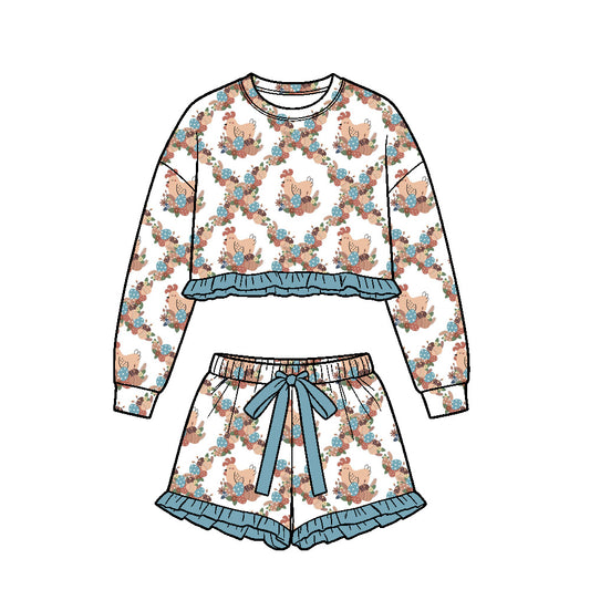 Preorder (moq 5) Baby Girl Clothes Vintage Chicken Floral Berry Print Long Sleeve Ruffle Crop Top Shorts Outfit Set