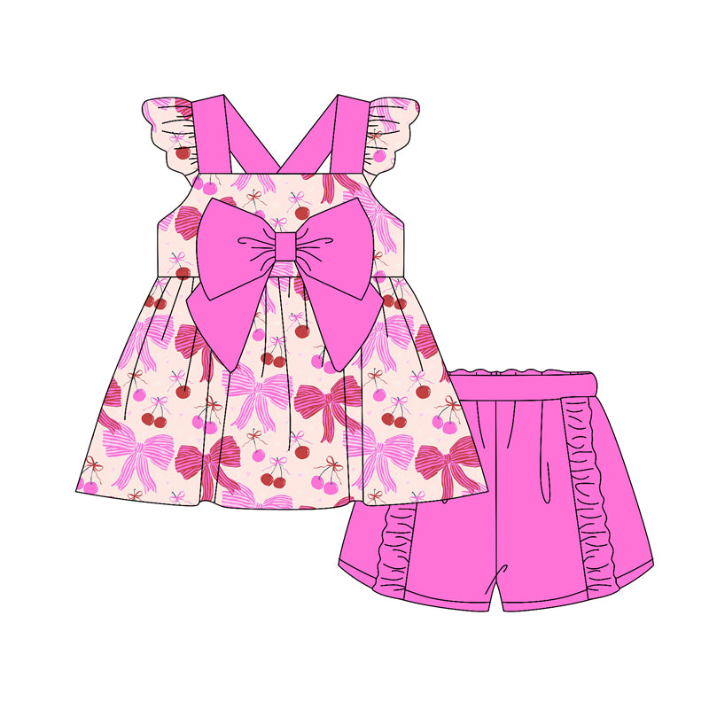 Preorder (moq 5)Baby Girls Hot Pink Flutter Sleeves Colorful Bows Tunic Ruffle Short Set