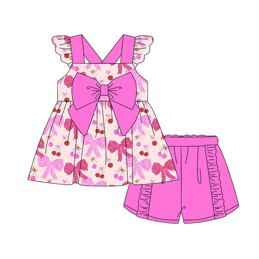 Preorder (moq 5)Baby Girls Hot Pink Flutter Sleeves Colorful Bows Tunic Ruffle Short Set