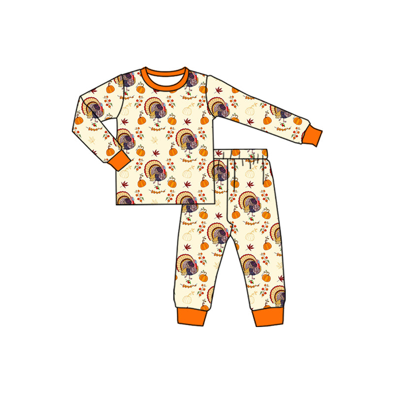 Preorder (moq 5)Baby Boys Long Sleeves Turkey Pumpkins Plaid Top Pant Pajamas Set