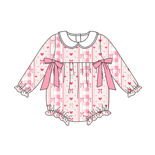 Preorder(moq 5)Baby Girls Pink Hearts Bows Stripe Ruffle Rompers