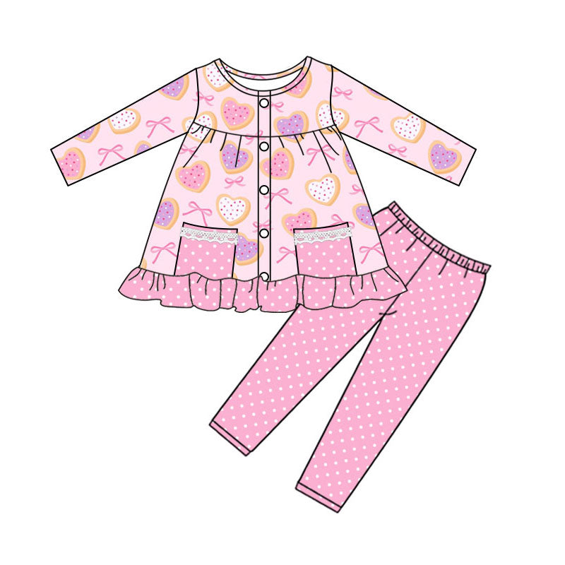 Preorder (moq 5)Baby Girls Hearts Bows Button Pockets Tunic Leggings Pant Valentine Clothes Sets